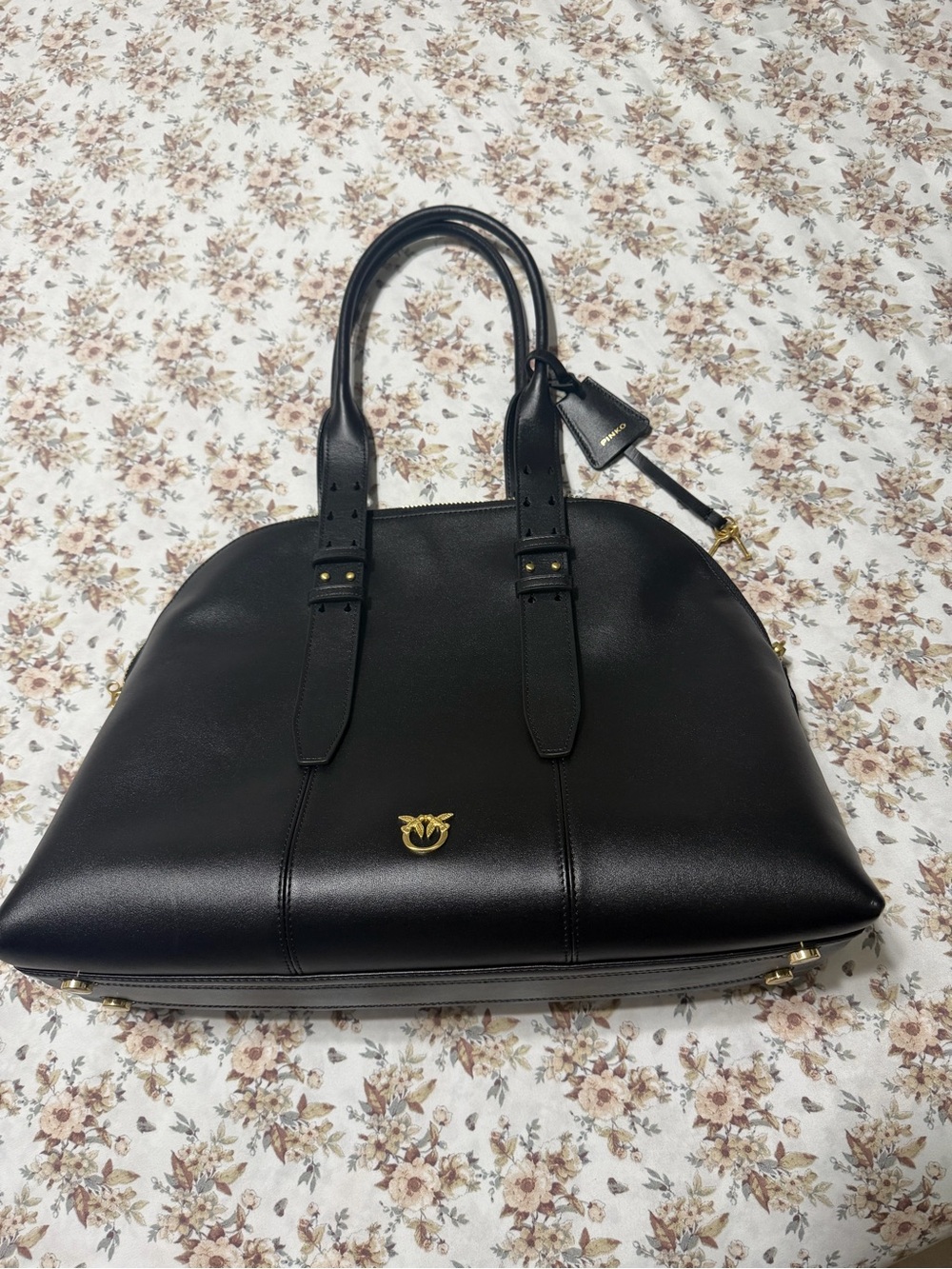 Pinko Black Leather Shoulder Bag with Gold Hardware